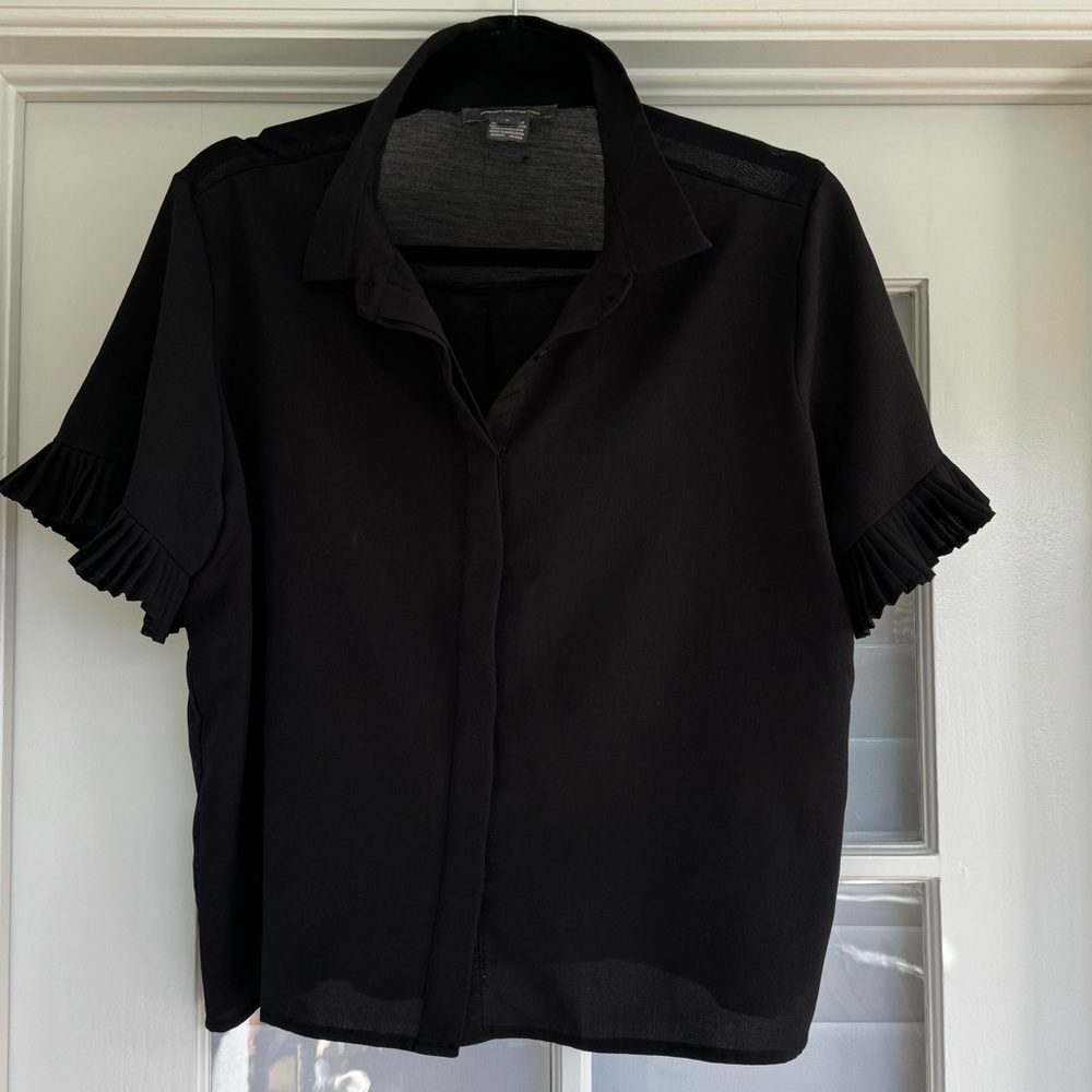 French Connection Women's Large Short Sleeve Collared Button Down Shirt Black